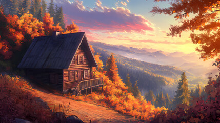 Cozy LOFI House on Mountain in Stunning Anime Manga Art Style Background