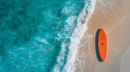 Fototapeta premium An orange and blue paddleboard on the beach, a bird's eye view, high definition photography, clean white sand, clear turquoise sea water, waves lapping at shore edge, and a sense of calmness.