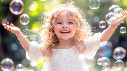 Joyful Girl Playing with Bubbles in Nature on a Sunny Day, print for National Bubble Week