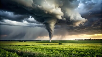 Fototapeta premium A Powerful Tornado Forms Over a Field of Green Crops