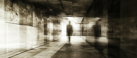 A haunting corridor with a blurred figure, evoking mystery and surrealism in an artistic composition.