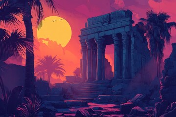 Fototapeta premium Ancient Ruins and Palm Trees at Sunset