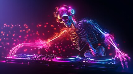 A skeletal DJ spinning records, Halloween-themed party mask, neon light effects, dynamic pose, modern digital art style, isolated on white background