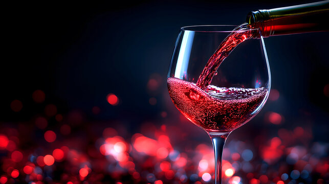 Elegant Red Wine Pouring in Glass during Festive Celebration with Luminous Bokeh Background, photograph for National wine day