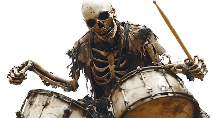 A skeletal drummer with cracked drums, haunting Halloween party masks, dramatic lighting, surreal style, isolated on white background