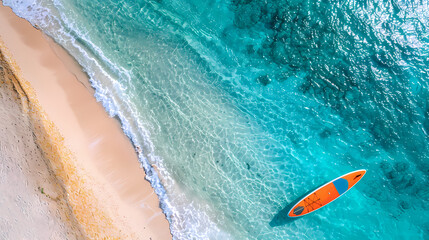Obraz premium An orange and blue paddleboard on the beach, a bird's eye view, high definition photography, clean white sand, clear turquoise sea water, waves lapping at shore edge, and a sense of calmness.