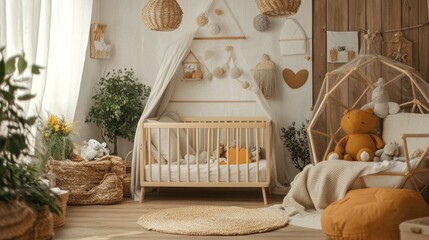 Bohemian nursery interior with a wooden crib, a wicker dome, and a plush brown teddy bear.