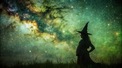 Fototapeta premium Silhouette of a Witch Against a Starry Night Sky