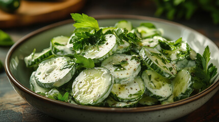 Obraz premium Cooked slices of cucumber in a wooden bowl 