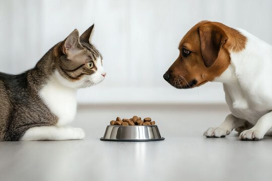 A cat and a dog facing each other with a bowl of food between them, creating a tense but humorous standoff. The background is minimal, drawing focus to the animals.
