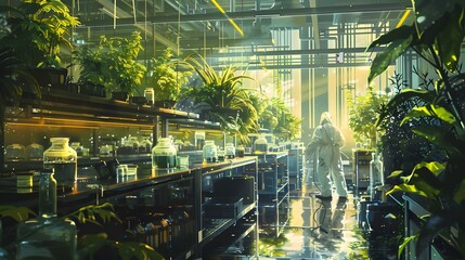 A scientist tending to plants in a futuristic greenhouse.