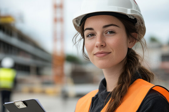 Australian woman wearing safety uniform at construction site with crane