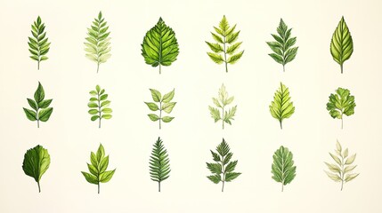 This image showcases a variety of hand-drawn green leaf botanical illustrations, neatly ordered in rows