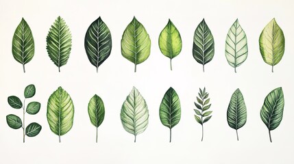 This image showcases a variety of hand-drawn green leaf botanical illustrations, neatly ordered in rows
