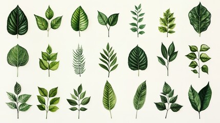 This image showcases a variety of hand-drawn green leaf botanical illustrations, neatly ordered in rows