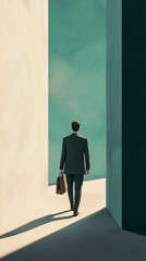 Fototapeta premium A man in a suit walking down a narrow corridor with tall walls, casting a long shadow. The minimalist background emphasizes the concept of solitude and determination.