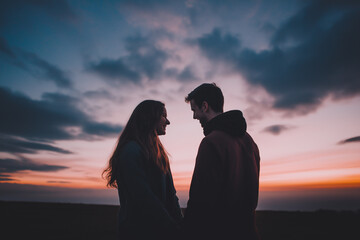 A silhouette of a couple facing each other at sunset, with a dramatic sky in the background. The image captures a romantic and intimate moment, perfect for themes of love, connection and togetherness