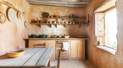 A rustic kitchen with wooden cabinets, a table and a window.