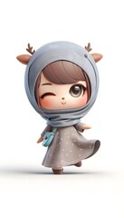 Fototapeta premium Cute D Cartoon Girl with Deer Antlers Winking Polka Dot Dress and Blue Bag