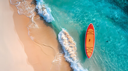 Fototapeta premium An orange and blue paddleboard on the beach, a bird's eye view, high definition photography, clean white sand, clear turquoise sea water, waves lapping at shore edge, and a sense of calmness.