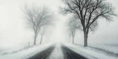 Obraz premium Frozen Silence SCENE: A desolate winter road engulfed in a silent snowstorm. Utilize double exposure to merge the stark silhouette of leafless trees with the blowing snow.