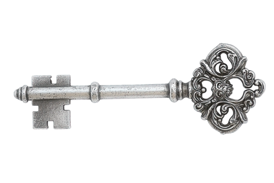 Traditional bank vault key, heavy and ornate, isolated, white background