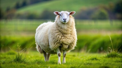 Obraz premium A fluffy white sheep standing in a green grassy field , sheep, wool, farm animal, livestock, fluffy, cute, agriculture