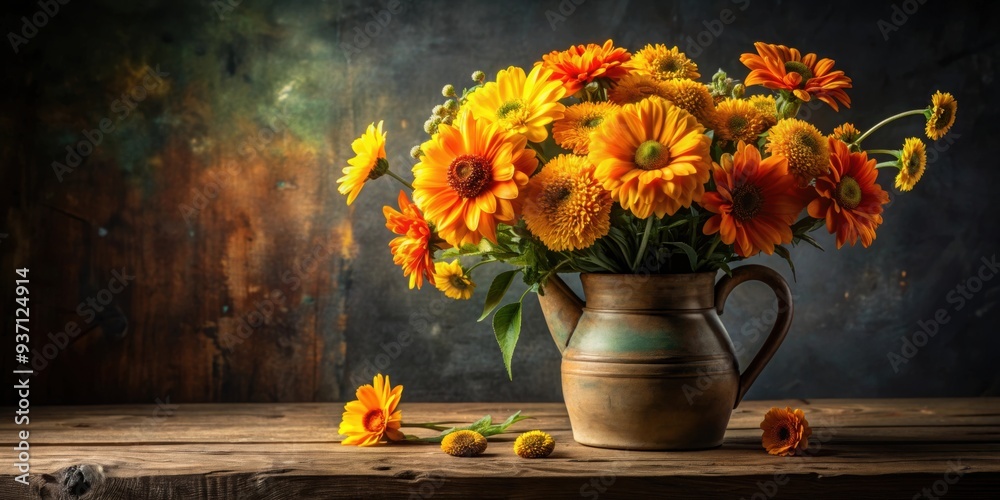 Poster A vibrant bouquet of yellow and orange flowers in a rustic jug on a dark background, flowers, bouquet, yellow