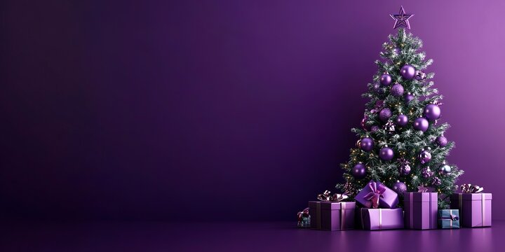 Christmas purple banner with christmas tree and gift boxes, with space for text 
