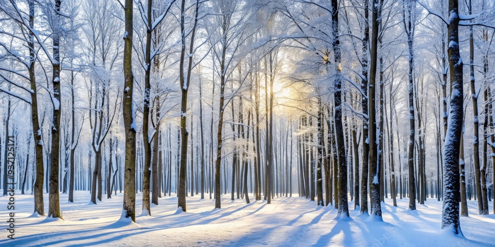 Wall mural Snow-covered forest with bare trees and soft natural lighting, winter, forest, snow, cold, trees, nature, scenery, tranquil