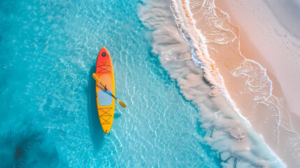 Fototapeta premium An orange and blue paddleboard on the beach, a bird's eye view, high definition photography, clean white sand, clear turquoise sea water, waves lapping at shore edge, and a sense of calmness.