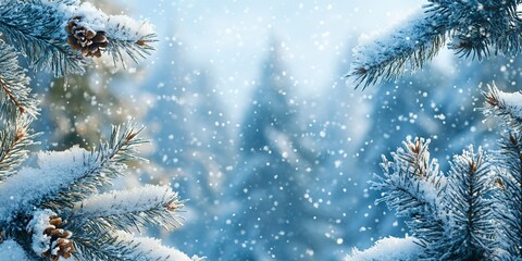 Wide format wallpaper frame with blue winter and Christmas nature. Falling snow, a snowdrift, and defocused, fuzzy forest with fir branches covered in snow. enclose, duplicate area. 