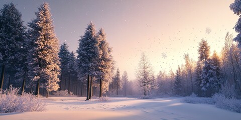 A serene, snowy landscape engulfs a forest with tall trees partially coated in frost under a clear, starry sky. 