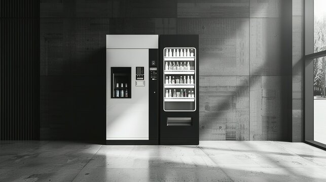 Mockup of a Vending Machine Showing Blank Black and White Snacks and Drinks