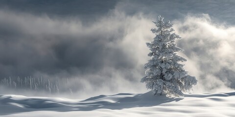 A dramatic landscape engulfed by a snow squall. The foreground shows a lone, snow-covered tree standing resiliently against the harsh winter conditions 