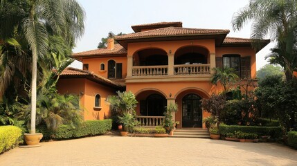 Obraz premium A luxurious orange house with a terracotta roof, arched doorways, and a stone balcony, surrounded by tropical greenery.