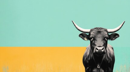 Naklejka premium Close-up portrait of a black bull with horns against a vibrant teal and yellow background.