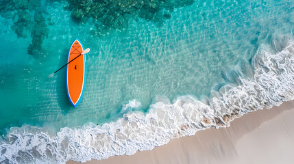 Fototapeta premium An orange and blue paddleboard on the beach, a bird's eye view, high definition photography, clean white sand, clear turquoise sea water, waves lapping at shore edge, and a sense of calmness.