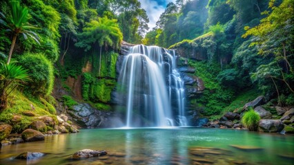 Obraz premium Mok Fah waterfall surrounded by lush greenery and crystal clear waters, nature, travel, waterfall, Mok Fah, serene