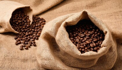  Freshly roasted coffee beans in burlap sacks