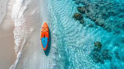 Fototapeta premium An orange and blue paddleboard on the beach, a bird's eye view, high definition photography, clean white sand, clear turquoise sea water, waves lapping at shore edge, and a sense of calmness.