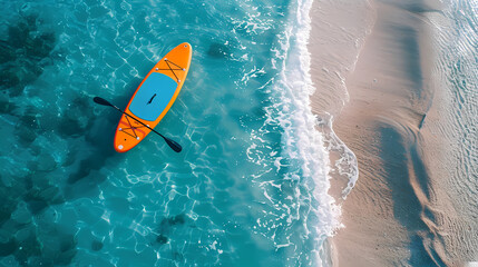 An orange and blue paddleboard on the beach, a bird's eye view, high definition photography, clean white sand, clear turquoise sea water, waves lapping at shore edge, and a sense of calmness.