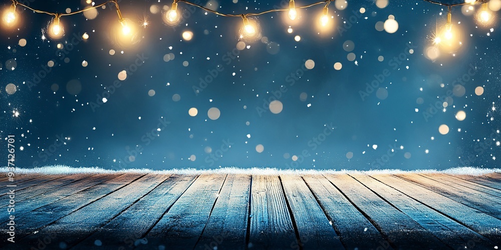 Poster Winter snowy stage background with wooden flooring and Christmas lights on blue background, banner format, copy space.