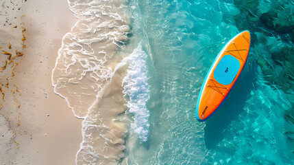 Fototapeta premium An orange and blue paddleboard on the beach, a bird's eye view, high definition photography, clean white sand, clear turquoise sea water, waves lapping at shore edge, and a sense of calmness.