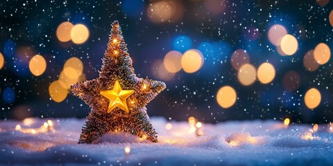 Fototapeta premium Christmas background with Christmas tree with lights and golden star on snowy ground, with blue and yellow night sky bokeh background and empty space for text 