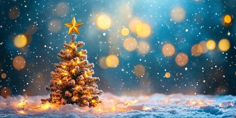 Fototapeta premium Christmas background with Christmas tree with lights and golden star on snowy ground, with blue and yellow night sky bokeh background and empty space for text 
