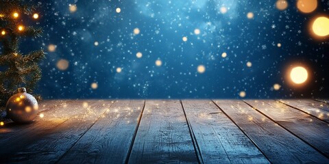 winter snowy stage background with wooden flooring and christmas lights on blue background banner format copy space