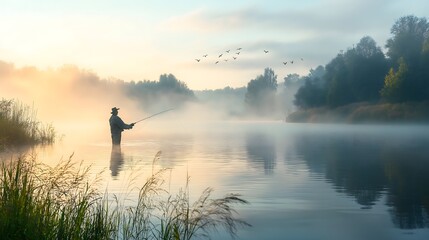 Fisherman fishing in lake in early morning, National fishing day, peaceful landscape