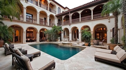 Luxurious courtyard with swimming pool and lounge chairs in a Mediterranean style home.