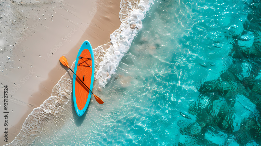 Wall mural an orange and blue paddleboard on the beach, a bird's eye view, high definition photography, clean w